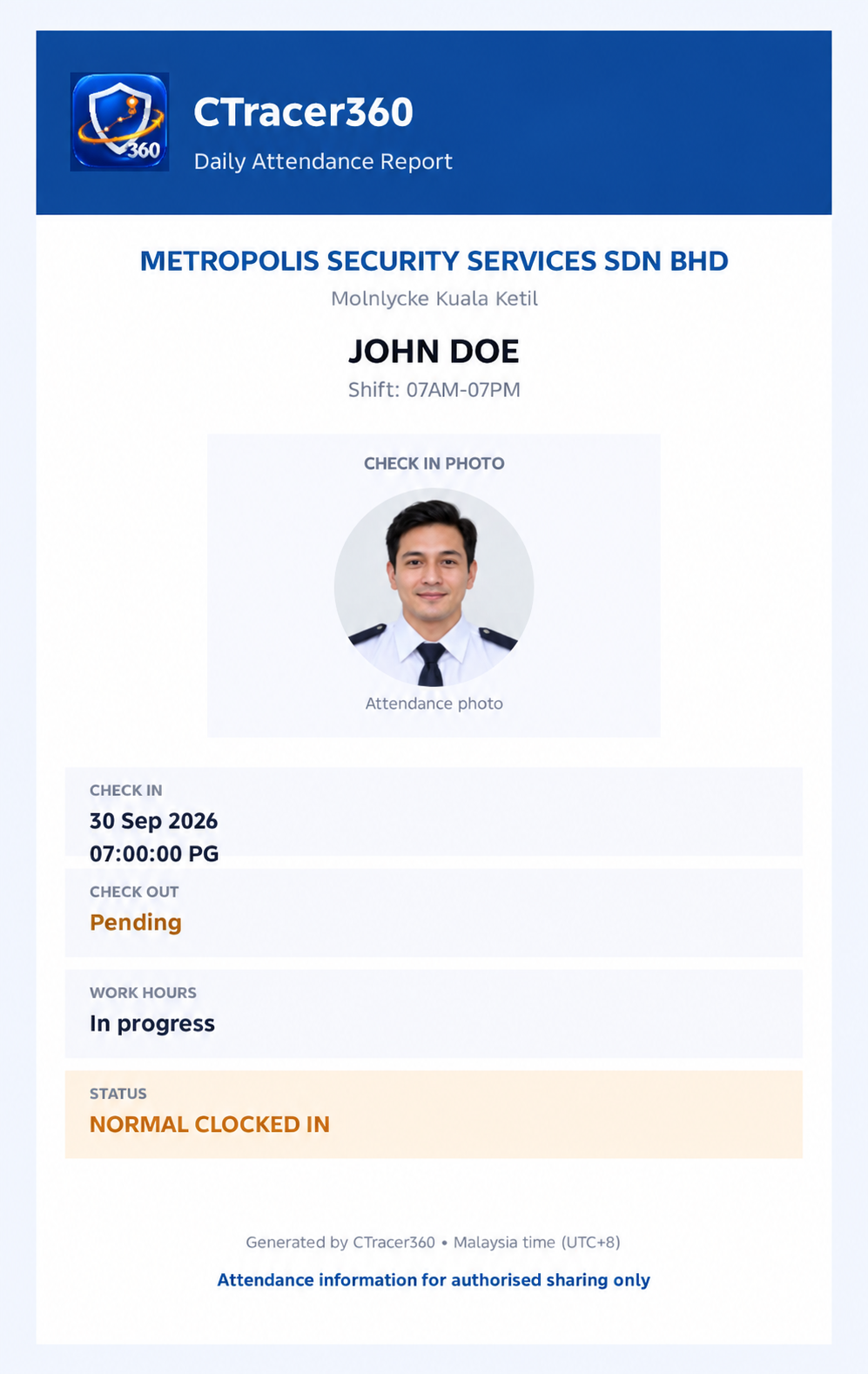 CTracer360 daily attendance report for John Doe