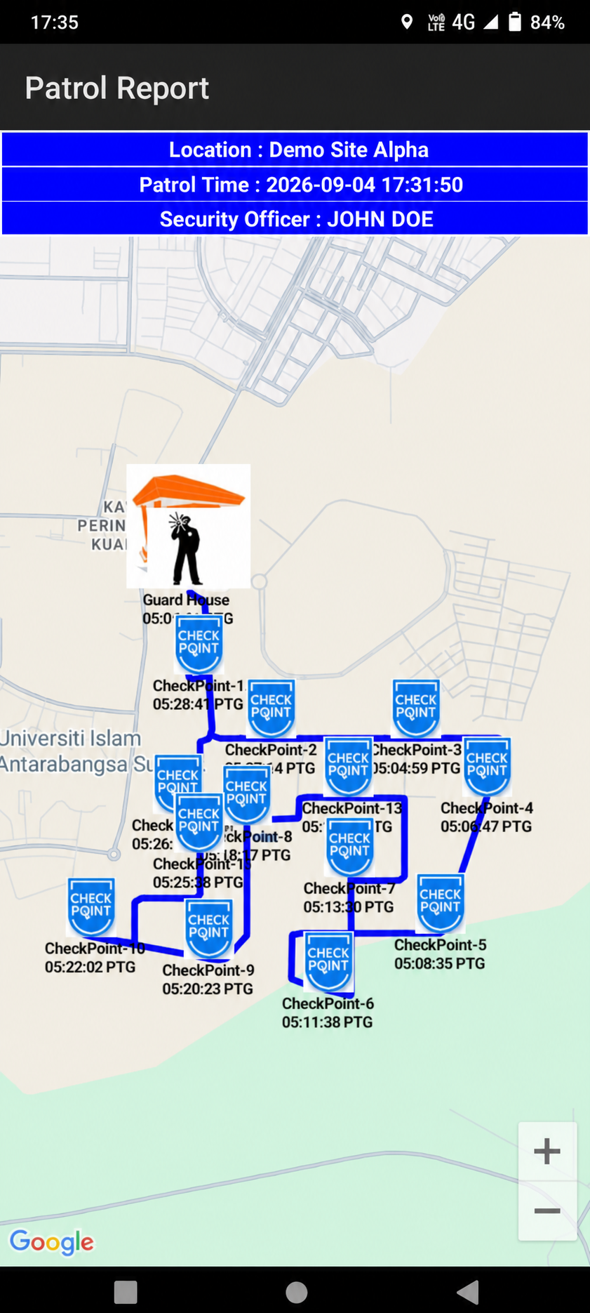 CTracer360 patrol report with route and checkpoints